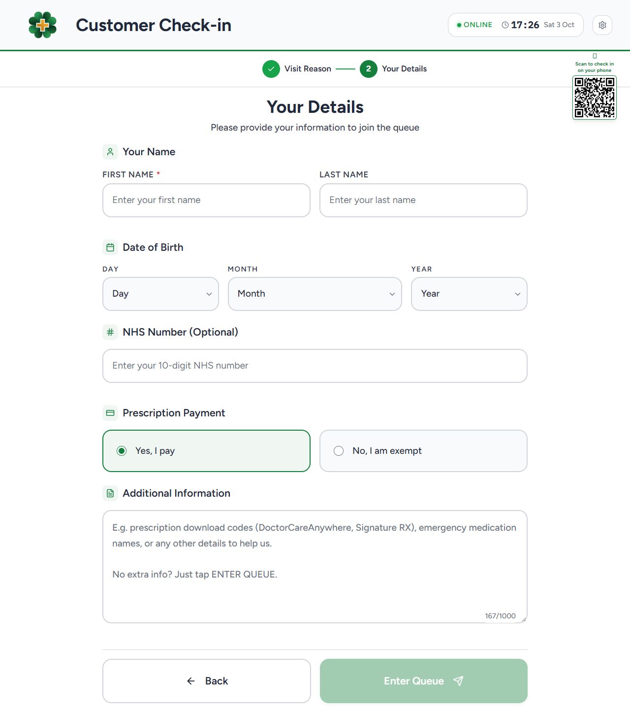 Current customer check-in app showing the personal-details step