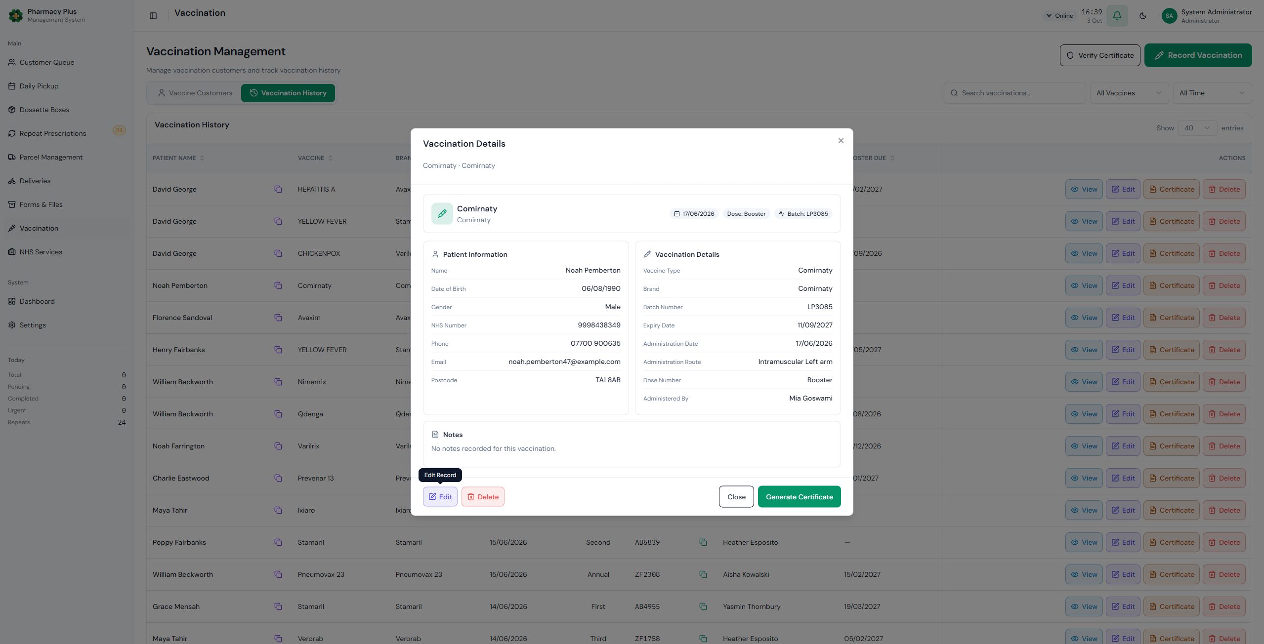 PharmacyPlus vaccination detail record
