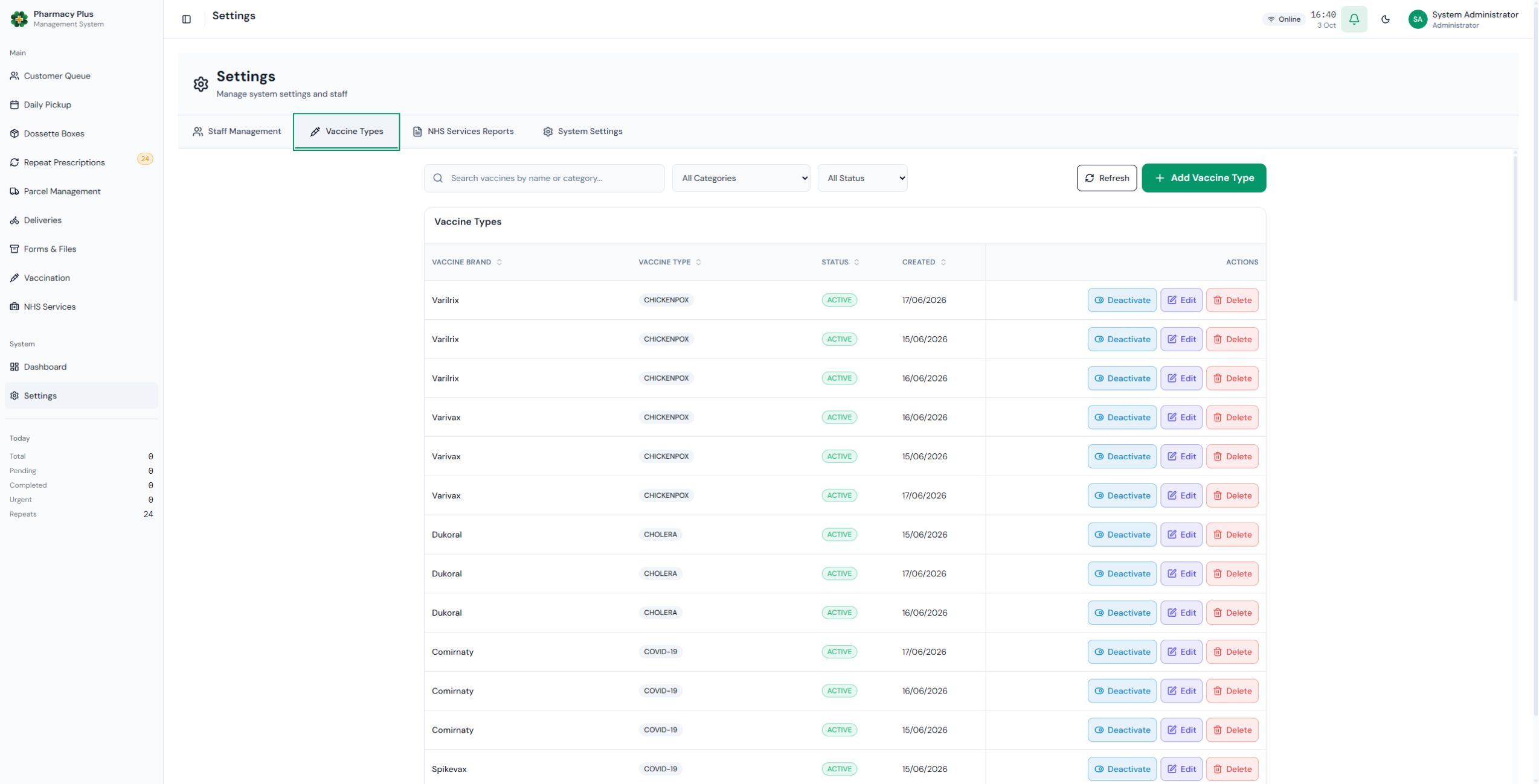 PharmacyPlus vaccination settings screen